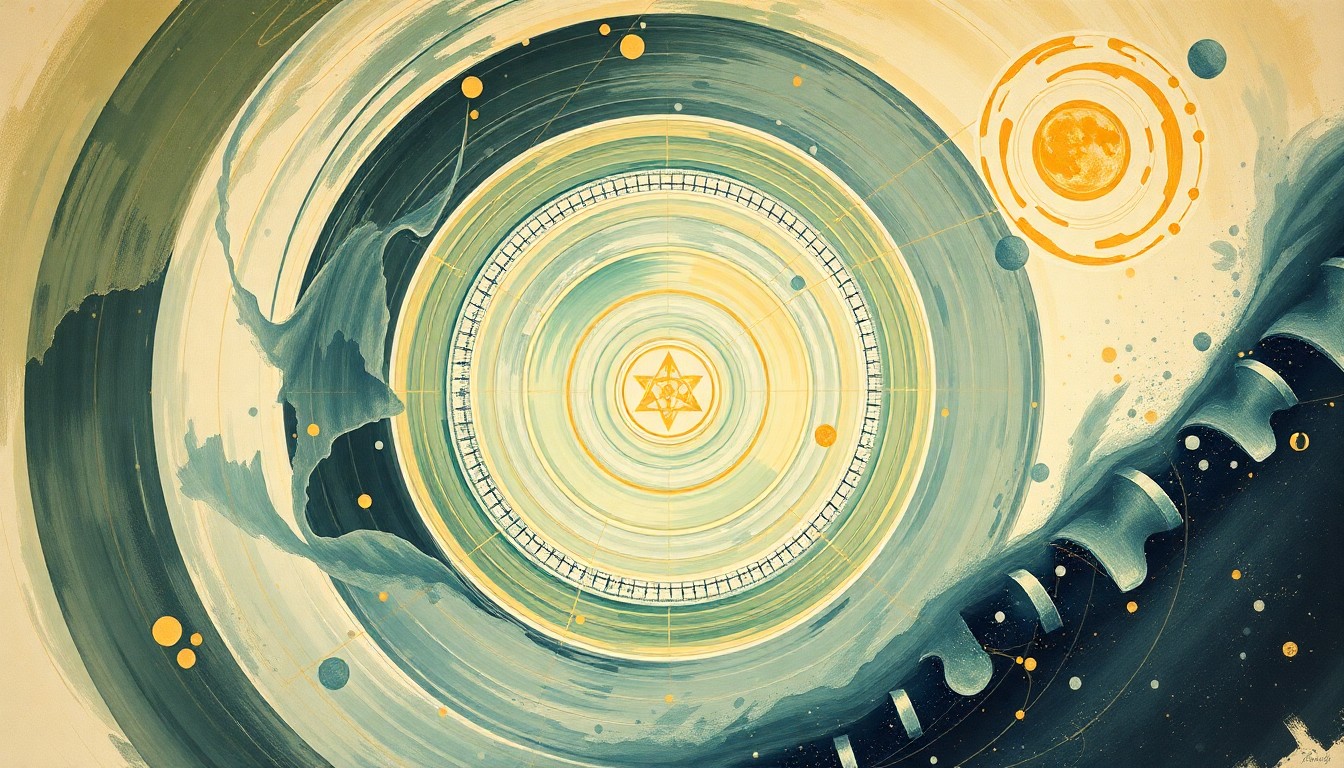 A bold, abstract painting in the style of Hilma af Klint, featuring sweeping geometric arcs, concentric circles, and precise spirals in earthy tones of green, blue, and orange, conceptually representing the complex forces and concepts behind the Artemis II mission to the moon.