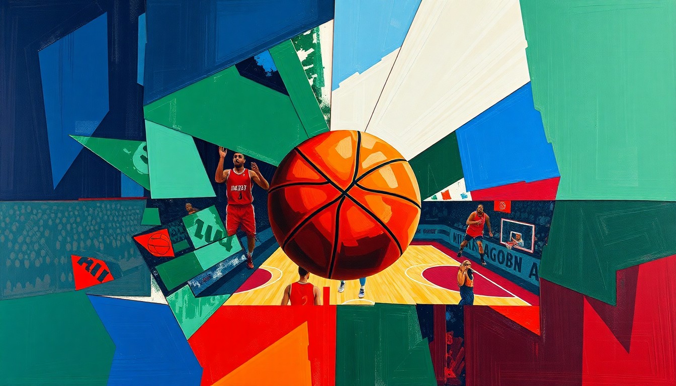 A fragmented, cubist-style painting depicting a basketball game or match, with sharp geometric shapes and planes in navy, green, and red, conveying the dynamic energy and shifting perspectives of the sport.