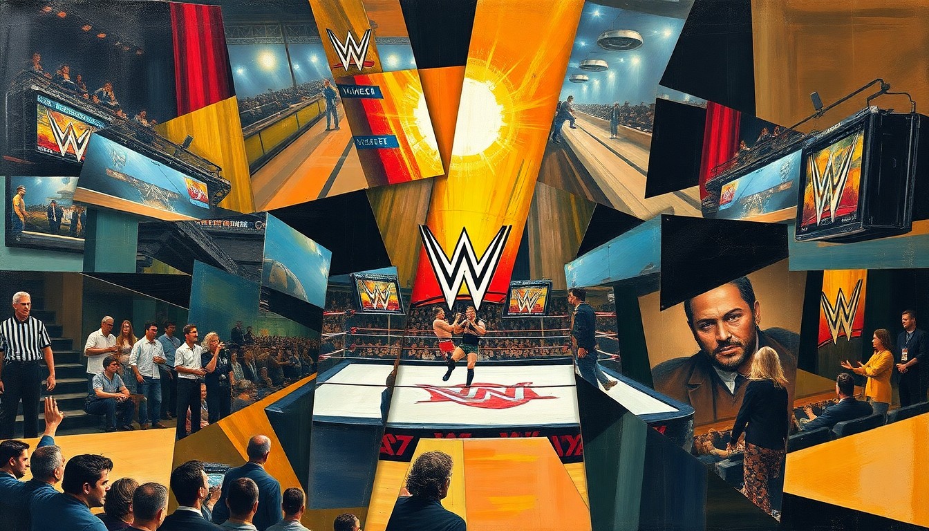 A cubist, geometric painting depicting a fractured, multi-perspective view of a WWE wrestling event, with sharp, overlapping planes of color and shape representing the energy and action of the sport.