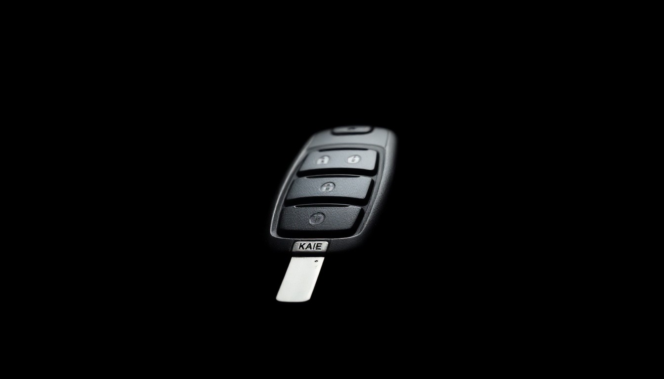 An extreme close-up photograph of a car key fob against a pitch-black background, lit by a harsh, direct camera flash, capturing the texture and details of the metal and plastic in a stark, gritty, investigative aesthetic.