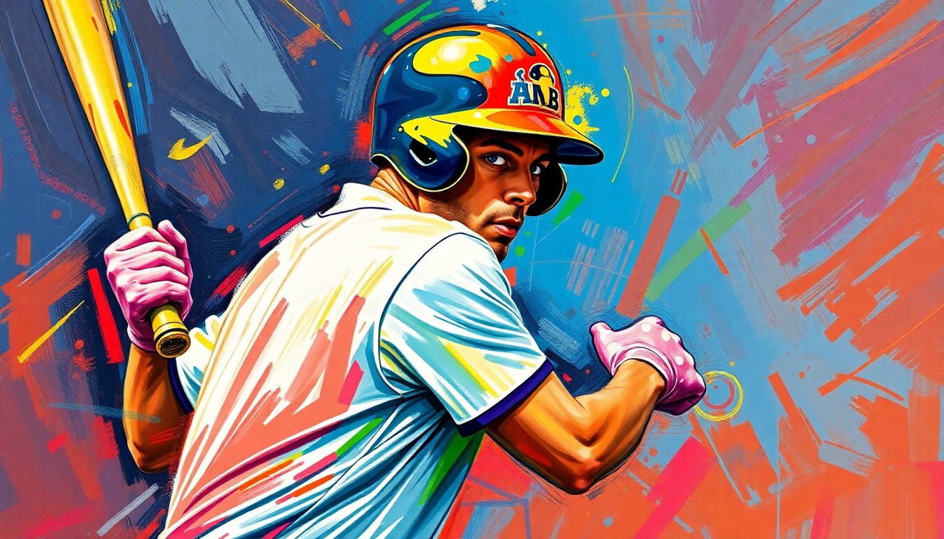 An abstract, energetic painting in neon colors depicting a baseball player in mid-swing, their form and motion blurred into an expressive, dynamic composition.