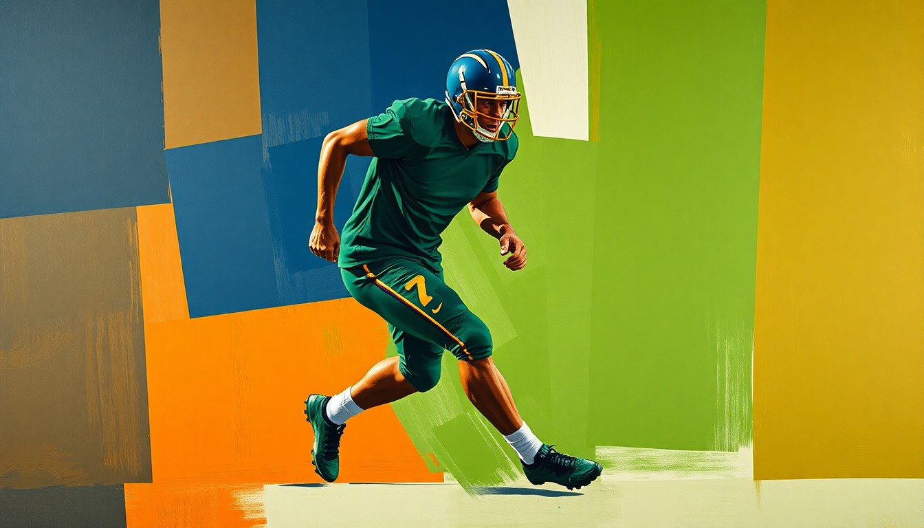 A fragmented, cubist-style painting depicting a football player in mid-stride, with their form broken down into sharp, overlapping geometric shapes in a palette of navy, green, and orange, conveying the uncertainty and complexity surrounding the player's contract negotiations.