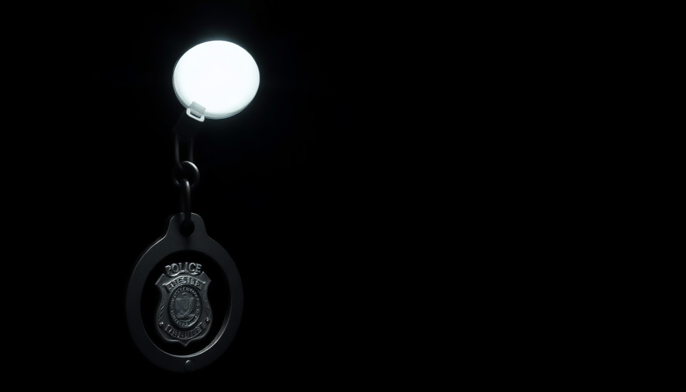 An extreme close-up of a police badge or handcuff key, lit dramatically by a harsh flash against a dark background, conveying the serious and gritty nature of this crime.