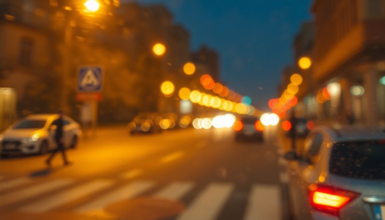 An impressionistic, out-of-focus photograph depicting the hazy, atmospheric scene of a city street at night, with blurred streetlights, parked cars, and the faint silhouettes of pedestrians, all rendered in a warm, soft color palette, conceptually representing the city's efforts to maintain clean streets and promote environmental sustainability.
