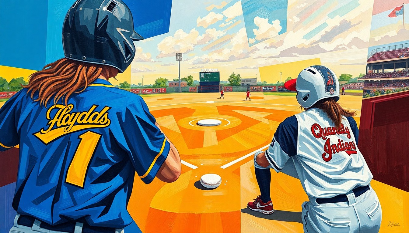 A fractured, multi-perspective painting in bold, vibrant colors representing the dynamic action of a high school softball game, with the uniforms of the competing teams visible through the overlapping geometric shapes.