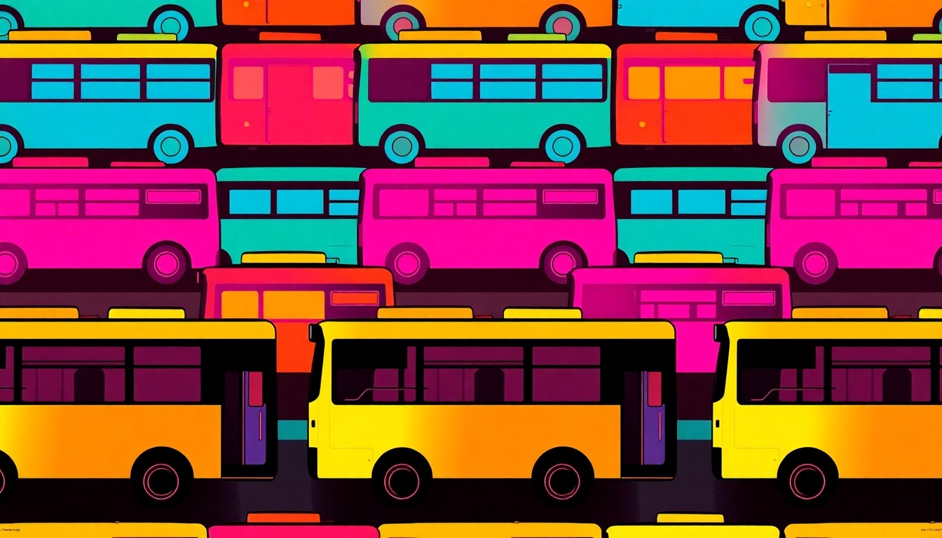 A brightly colored, abstract grid of stylized city bus icons in neon shades of blue, green, and pink, conceptually representing the reintroduction of bus fares in the Kansas City region.