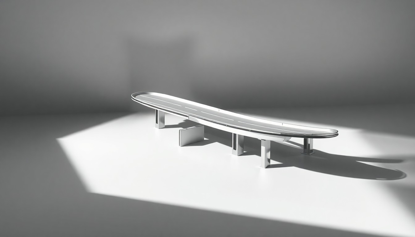 A highly detailed, photorealistic studio still life of a polished, chrome-plated scale model of a highway interchange with a bridge overpass, set against a clean, monochromatic grey background and dramatically lit from the side to highlight the sleek, modern design.