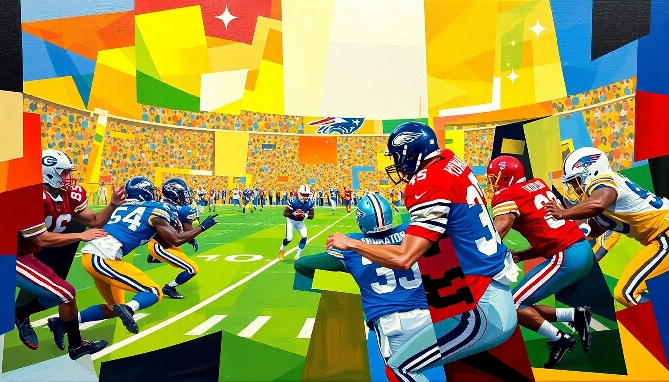 A cubist, geometric painting depicting a fragmented football field with players and officials in motion, rendered in the bold colors of NFL team uniforms.