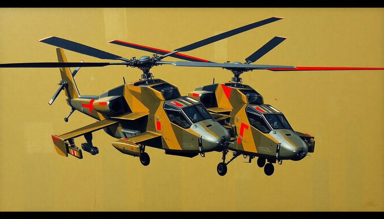An abstract, fragmented painting depicting two overlapping military helicopters in shades of green, grey, and red, conveying a sense of speed and power.