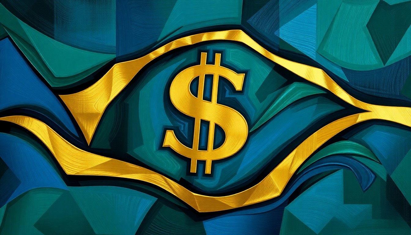 A vibrant, abstract painting featuring overlapping geometric shapes and waves of deep blue, forest green, and metallic gold, conceptually representing the political and economic forces surrounding the new income tax law in Washington state.