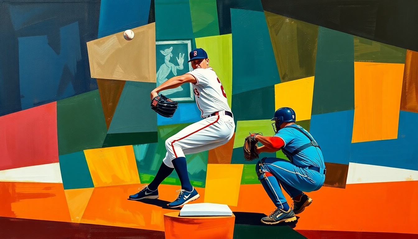 A cubist, geometric painting depicting a baseball pitcher's motion and a catcher's framing, with the ball and strike zone broken into sharp, overlapping planes of color, conceptually representing the disruption of the traditional umpiring process by the new ABS Challenge System.