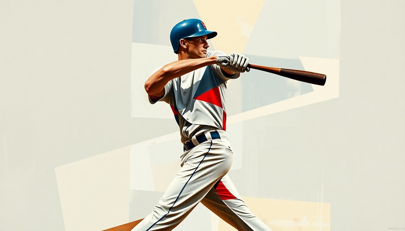 A fragmented, geometric painting depicting a baseball player's swing broken down into sharp, overlapping planes of color and form, capturing the raw power and kinetic energy of the batter's motion.