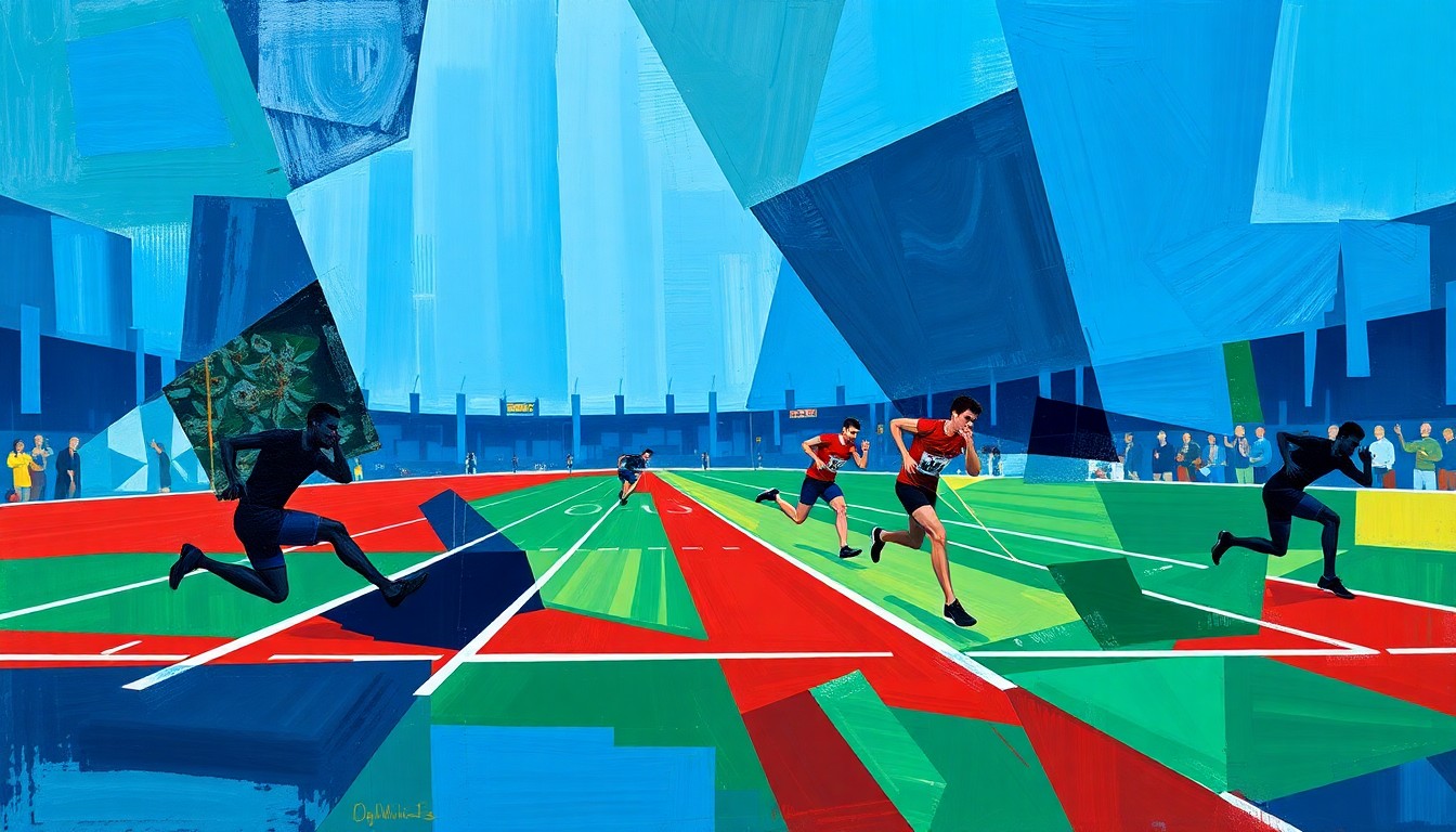 A fragmented, cubist-style painting depicting a track and field competition, with overlapping geometric shapes and planes in a palette of deep blues, greens, and reds, conveying the raw power and motion of the athletes.