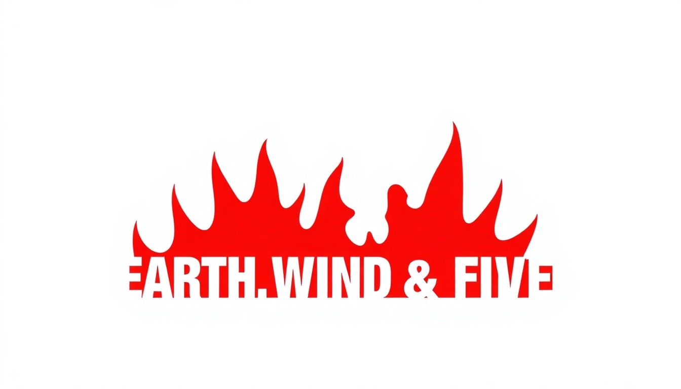 A minimalist, abstract illustration featuring bold, jagged shapes in vibrant red and white, capturing the dynamic energy and musical legacy of the legendary band Earth, Wind & Fire.