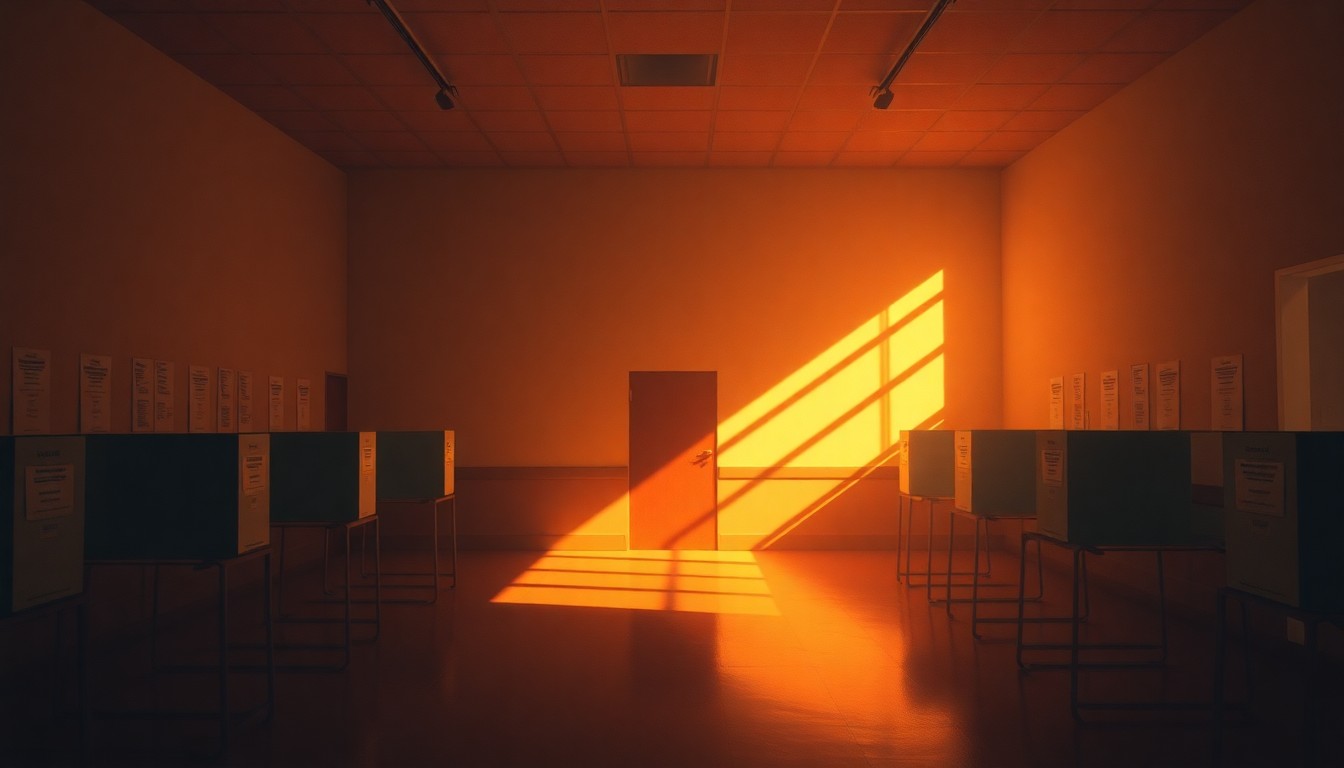 A dimly lit, cinematic interior scene of an empty polling station, with warm sunlight streaming in through the windows and casting deep shadows across the room, conveying a sense of anticipation and civic duty.