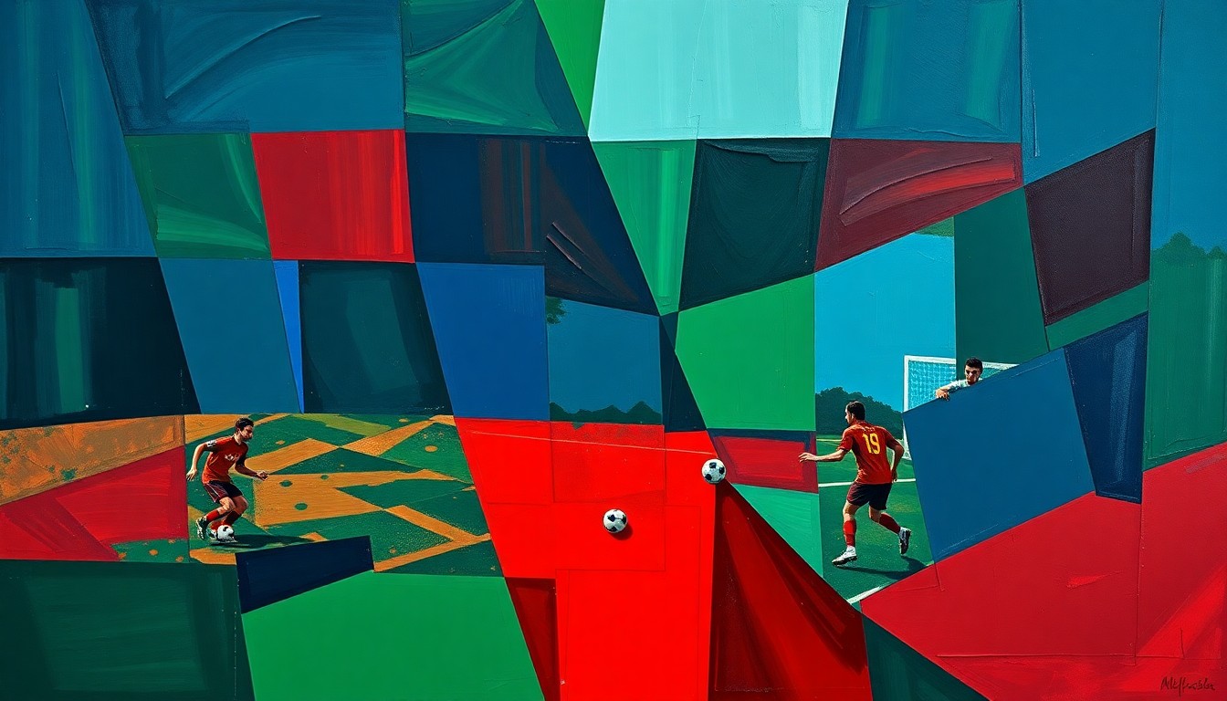 A cubist, geometric painting depicting a fragmented soccer scene with overlapping planes of navy, green, and red, conveying the complex emotions and divided loyalties of a coach with ties to both a national team and a former club.