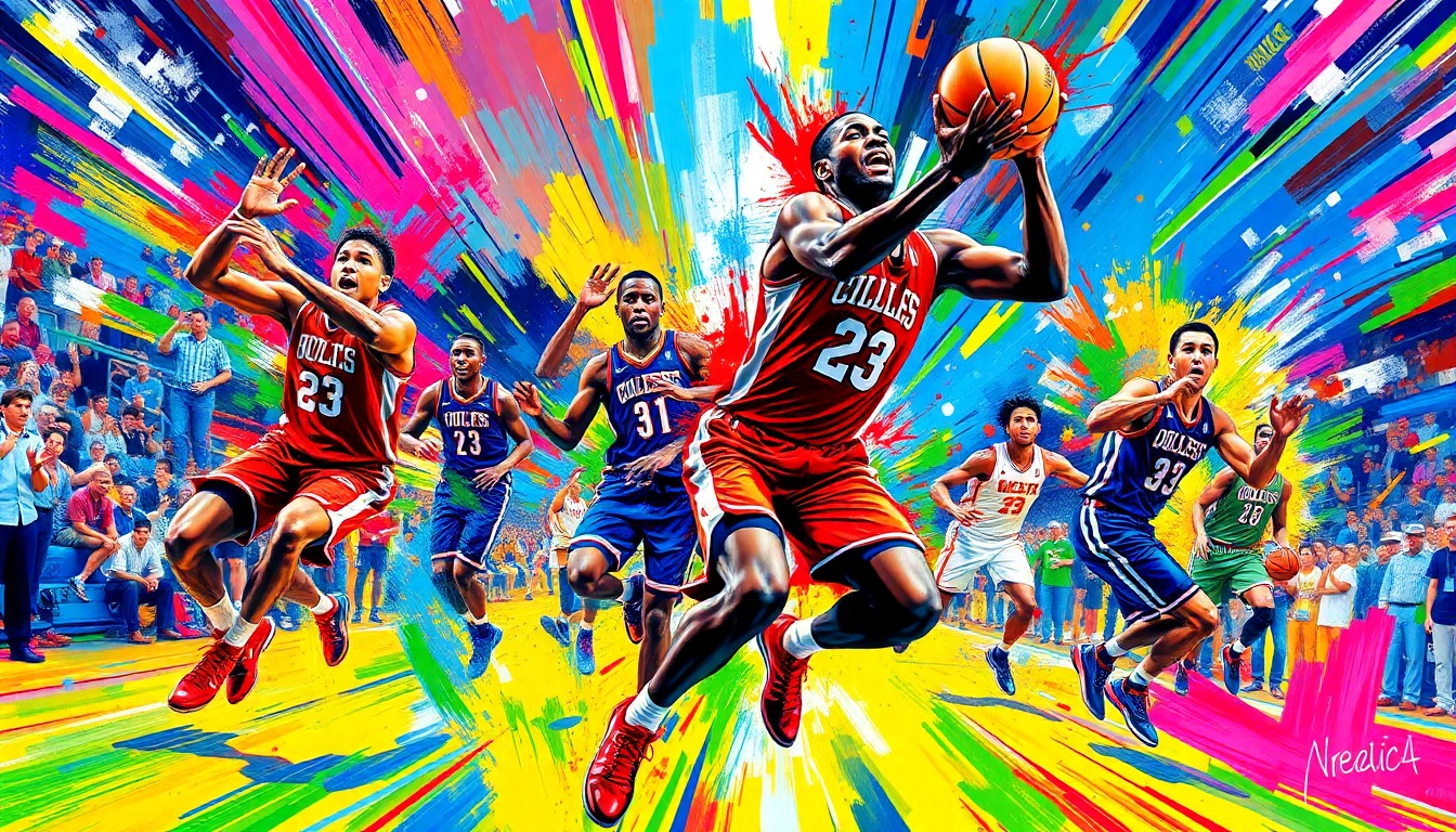 An abstract expressionist painting featuring dynamic brushstrokes in neon shades of blue, green, and orange, capturing the intense energy and competitive spirit of a college basketball game.