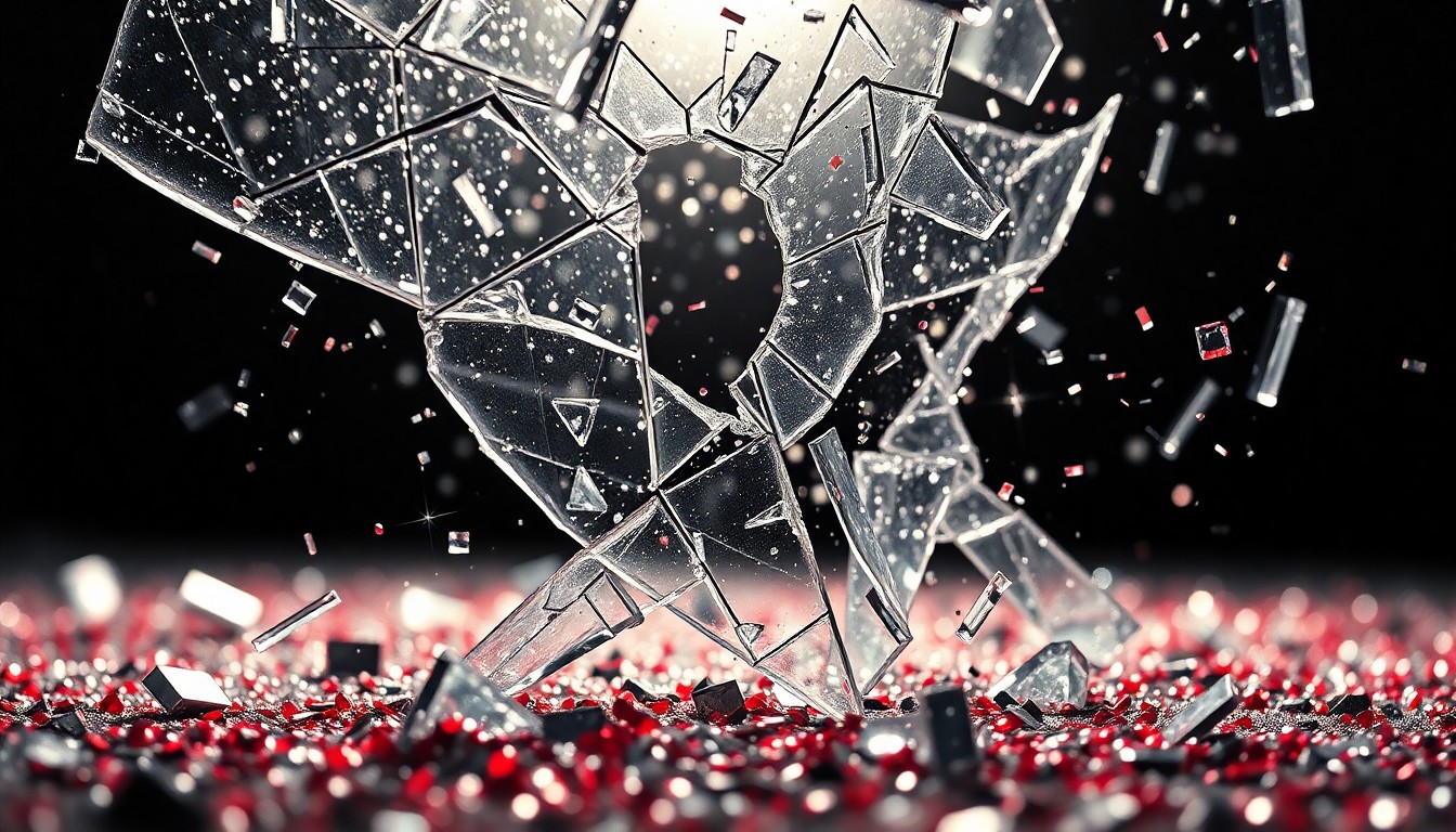 An extreme close-up photograph showing a shattered glass surface reflecting bright light, with glittering sequins scattered across the frame, creating a high-contrast, glamorous aesthetic that evokes the allure and scrutiny of classic Hollywood celebrity relationships.