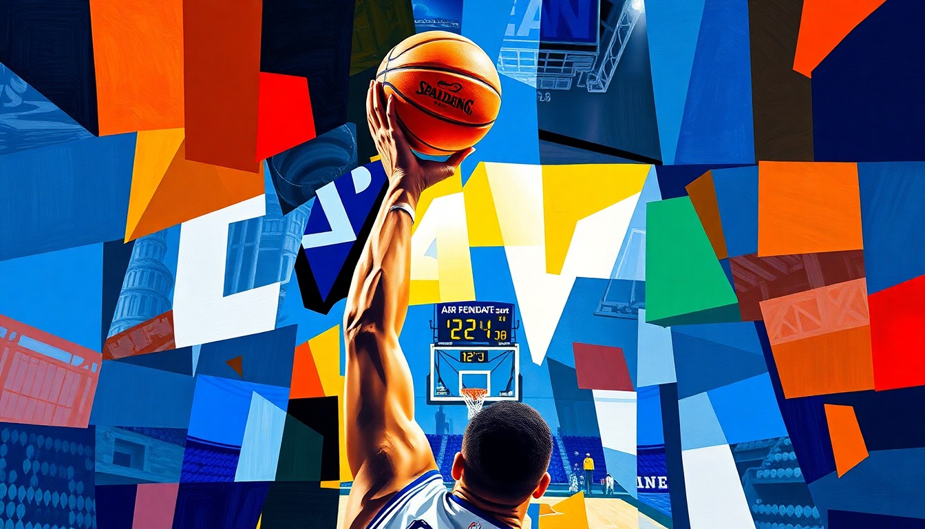 A fragmented, cubist-style painting depicting the final moments of a basketball game, with a player's arm reaching up to shoot a ball as the scoreboard clock counts down the final seconds.