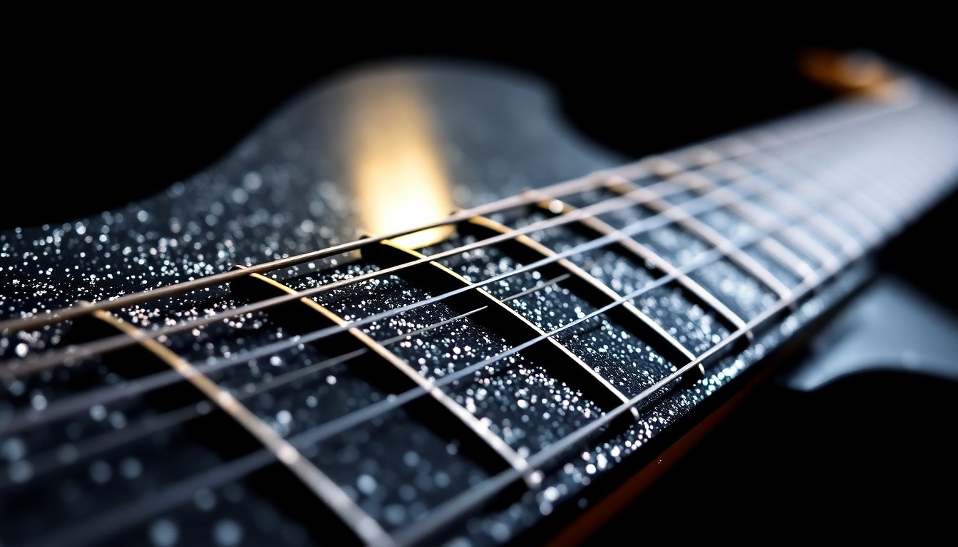 An abstract close-up photograph of the highly textured surface of an electric guitar neck and fretboard, captured in dramatic studio lighting to create a glamorous, high-fashion aesthetic.