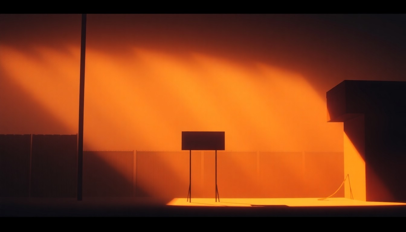 A warm, cinematic painting depicting a solitary political campaign sign or podium in a dimly lit, industrial-style space, conveying a sense of quiet determination and the potential for change.