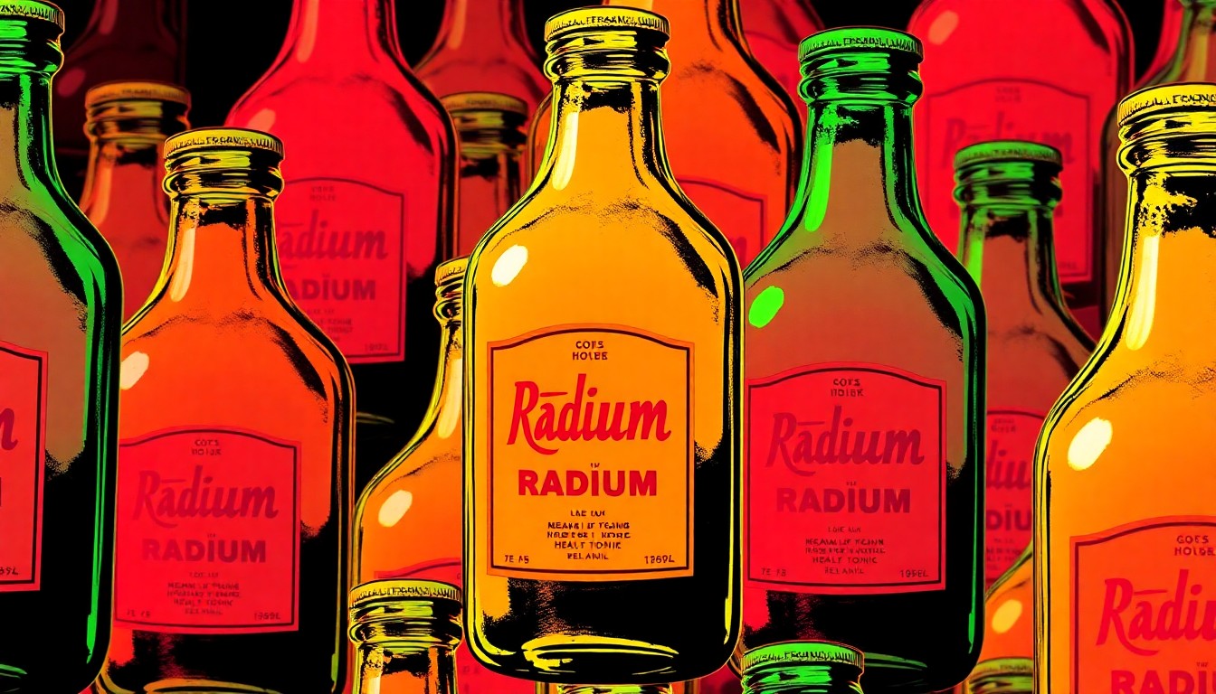 A highly stylized, repeating grid of a vintage glass bottle or jar filled with a glowing, neon-colored liquid, conceptually representing the dangerous misunderstandings about radioactivity in the early years of its use.