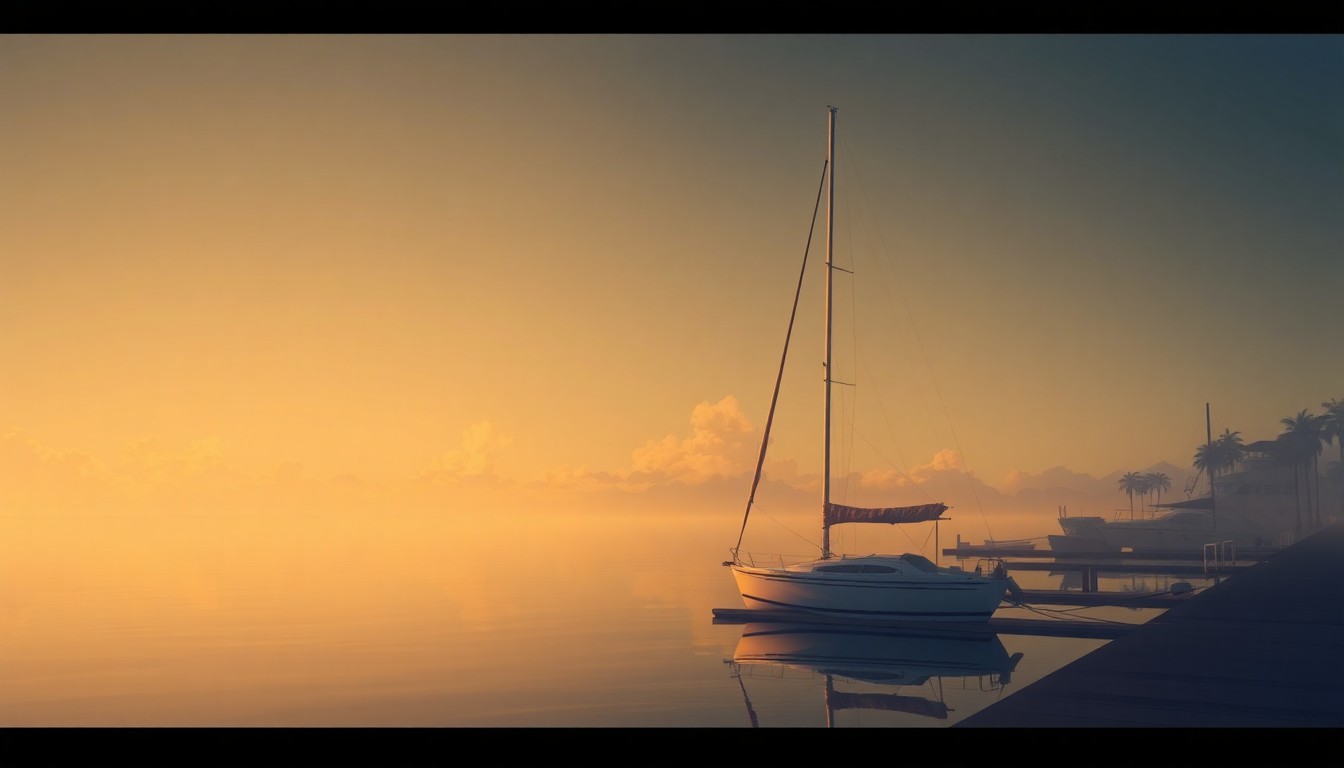 A serene oil painting depicting a single sailboat moored in a quiet Palm Beach marina, with the boat's reflection rippling in the water and warm sunlight casting long shadows across the scene, conceptually representing the specialized expertise required to enforce coastal regulations.