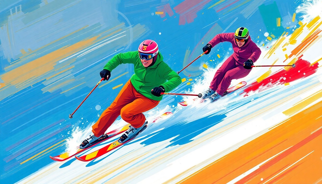An abstract, energetic painting featuring bold brushstrokes of neon greens, blues, and reds, capturing the dynamic motion and competitive spirit of two skiers racing down a snow-covered slope.