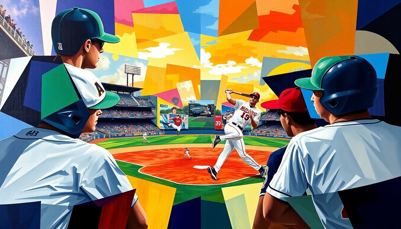 A cubist-style painting depicting a college baseball game, with the players and field broken down into sharp, overlapping geometric shapes in the team colors of Northeastern State and Arkansas-Fort Smith.