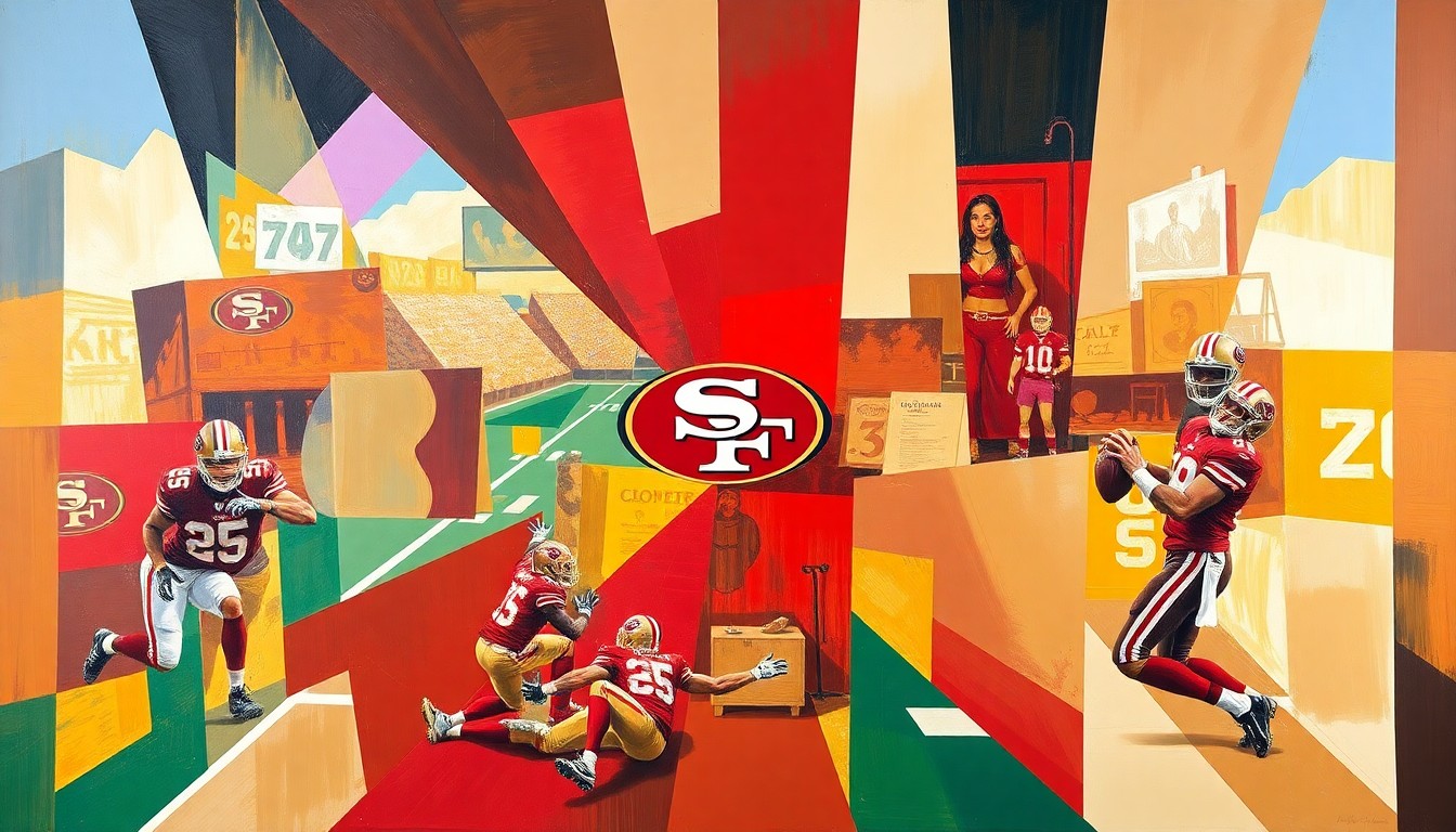 A fractured, cubist-style painting depicting a 49ers football game, with sharp geometric shapes in red, gold, blue, and green overlapping to create a dynamic, abstract representation of the action on the field.