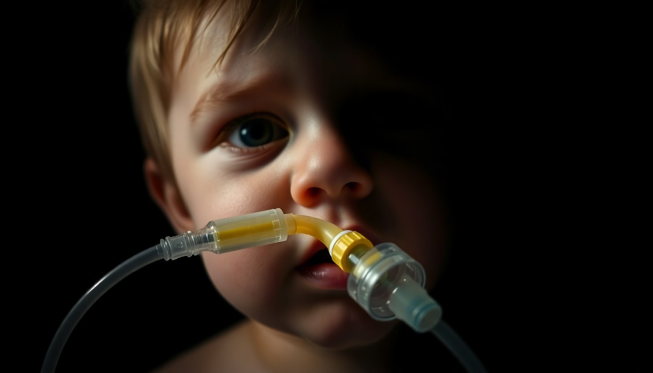 An extreme close-up photograph of a child's feeding tube or medical equipment against a pitch-black background, dramatically lit by a harsh, direct camera flash to create a stark, investigative aesthetic.