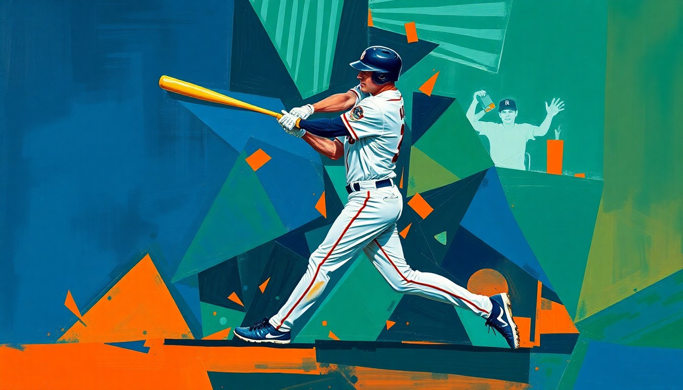 A fragmented, geometric painting depicting the motion and power of a baseball player's swing, rendered in a bold, abstract style using overlapping planes of navy, green, and orange.