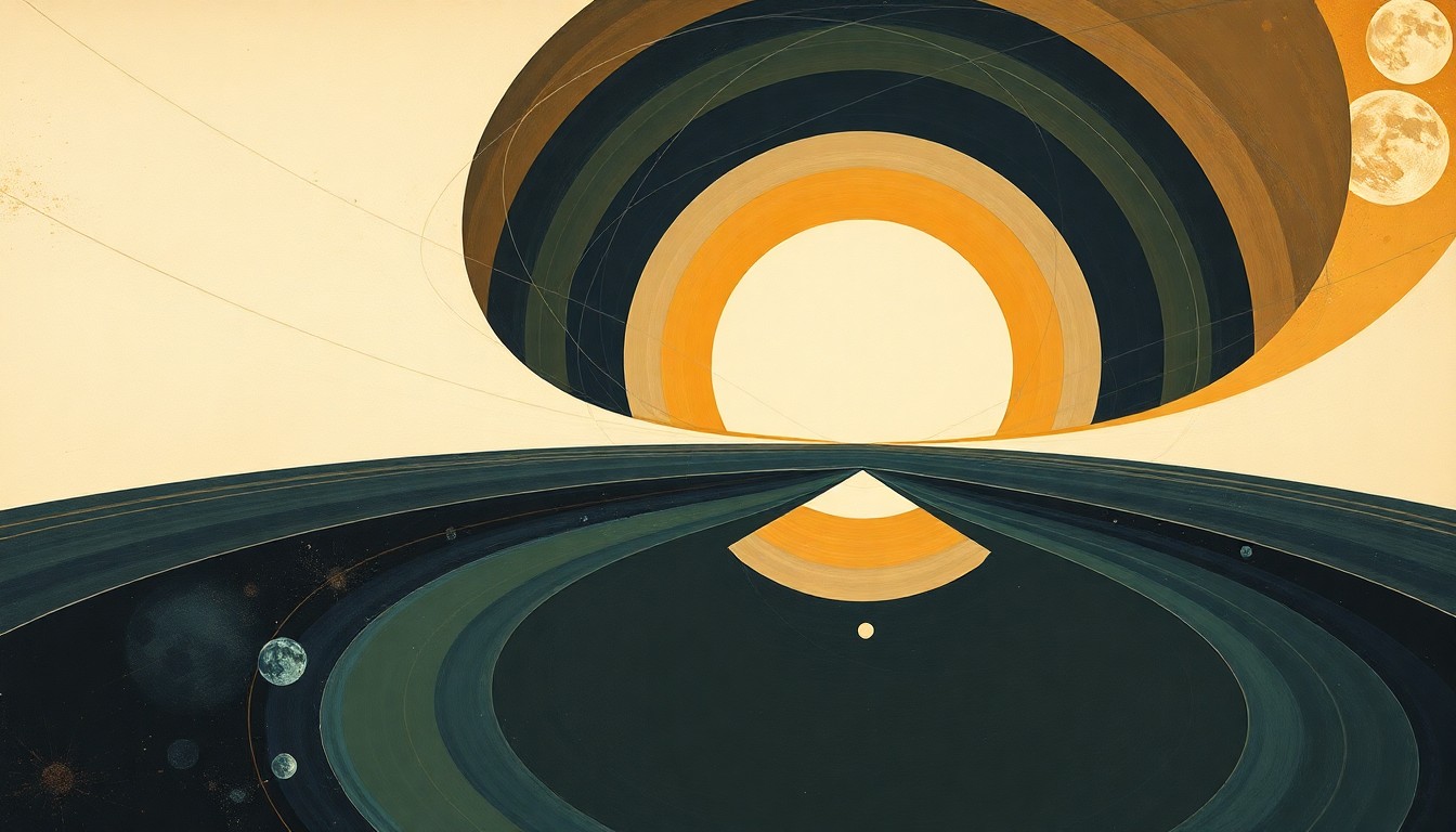 A bold, highly structured abstract painting in muted earth tones, featuring sweeping geometric arcs, concentric circles, and precise spiraling forms, conveying the intricate systems and forces involved in the Artemis II mission to the Moon.