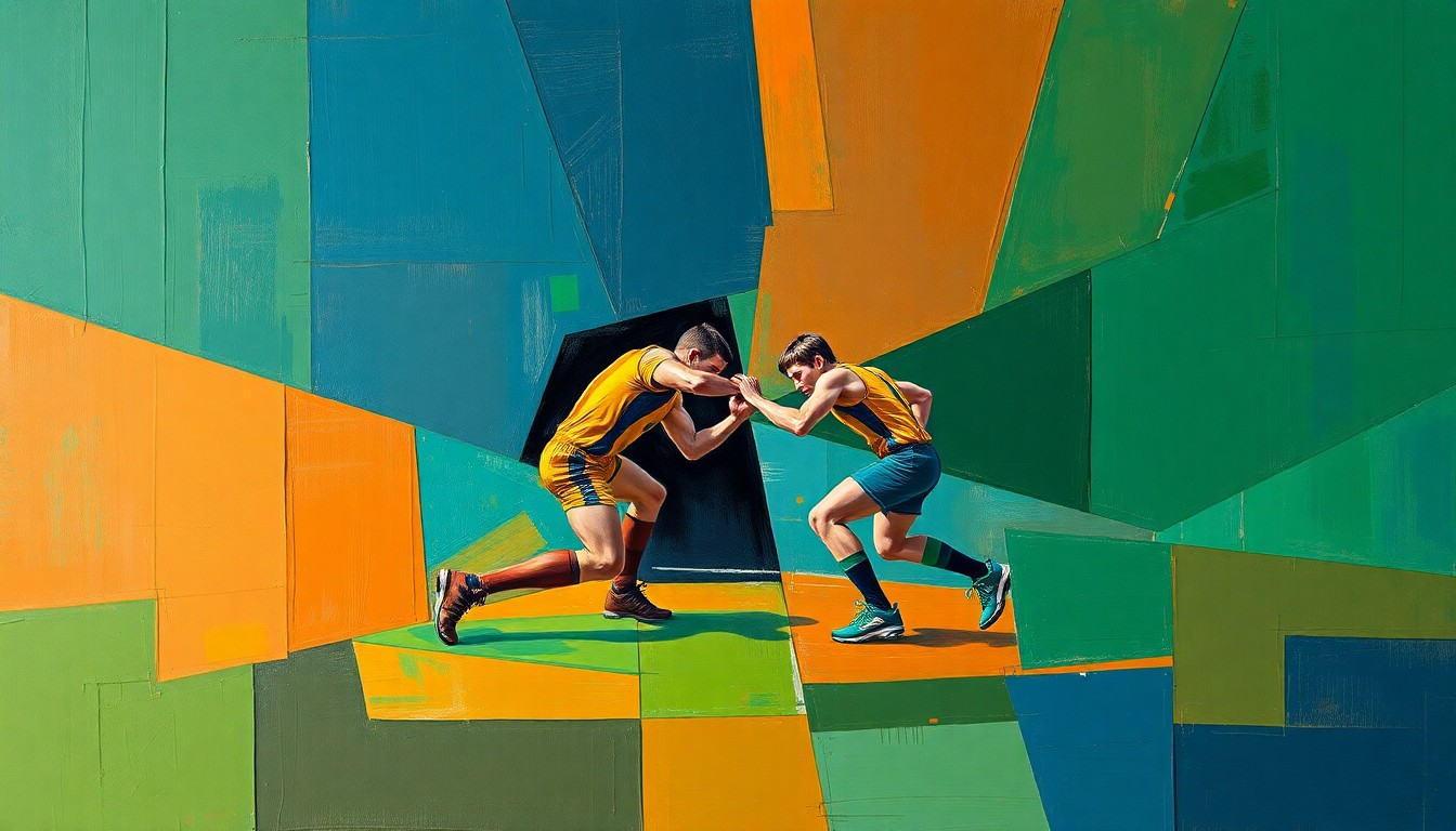 A fragmented, abstract painting depicting a high school wrestling match, with overlapping geometric shapes and planes in a palette of navy, green, and orange, conveying the dynamic energy and competition of the sport.
