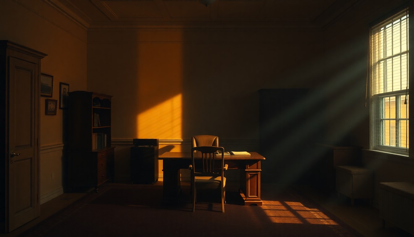 A quiet, cinematic painting of a solitary political office space with a lone desk and chair, bathed in warm, diagonal sunlight and deep shadows, conceptually representing the president's political troubles.
