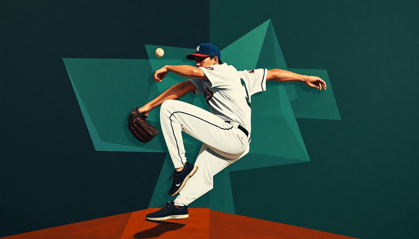 A cubist, geometric painting depicting a baseball pitcher's motion broken down into overlapping planes of navy, forest green, and burnt sienna, conveying the complex and fragmented nature of roster decisions in professional baseball.