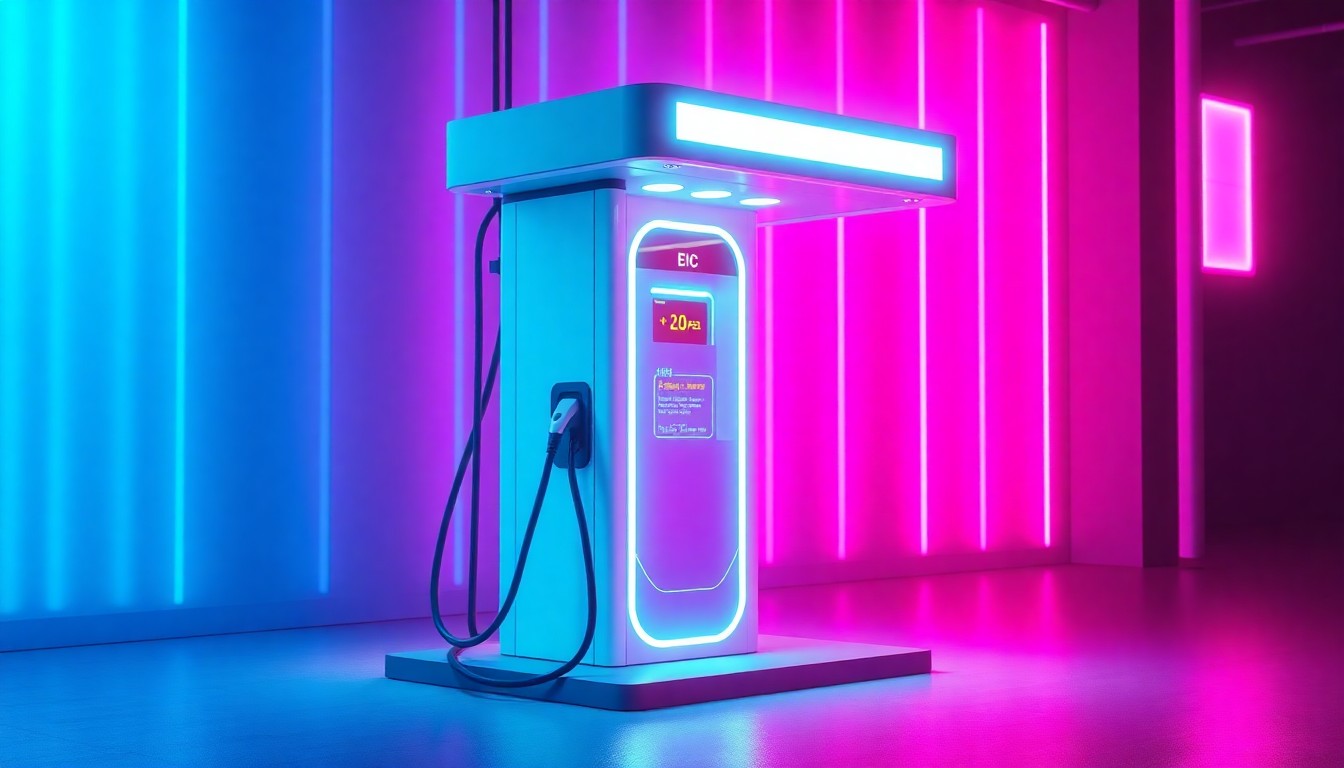 A highly detailed, glowing 3D illustration of a DC fast charger station surrounded by neon cyan and magenta lights, conceptually representing the advanced technology and data-driven insights powering the EV Data Map platform.