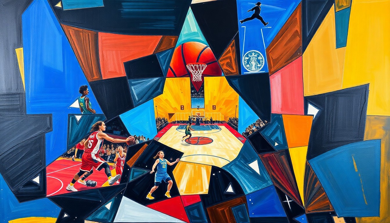 A cubist, geometric painting depicting the chaotic action of a women's basketball game, with sharp, overlapping planes of color representing the players and the court.