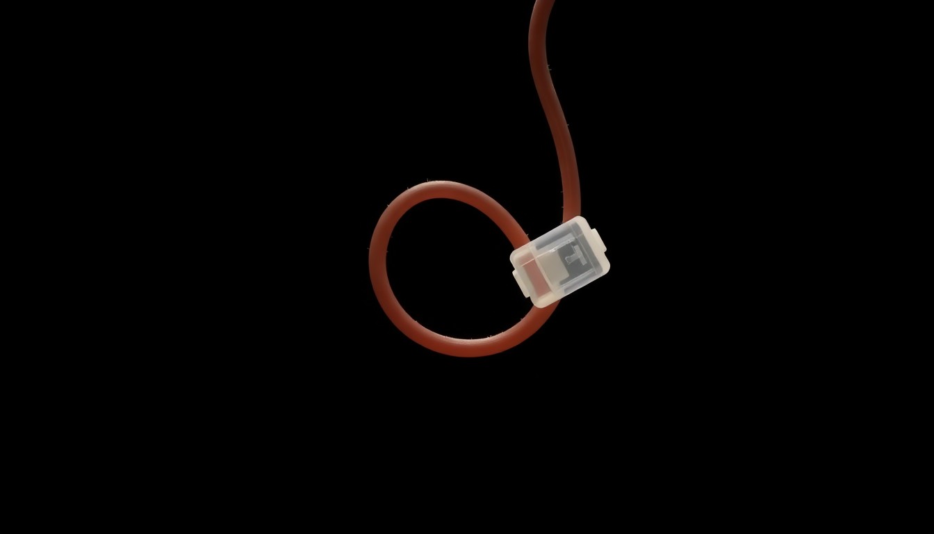 An extreme close-up of a newborn's umbilical cord clamp, the harsh lighting and stark black background creating a gritty, investigative aesthetic that conceptually represents the serious nature of the alleged medical malpractice.