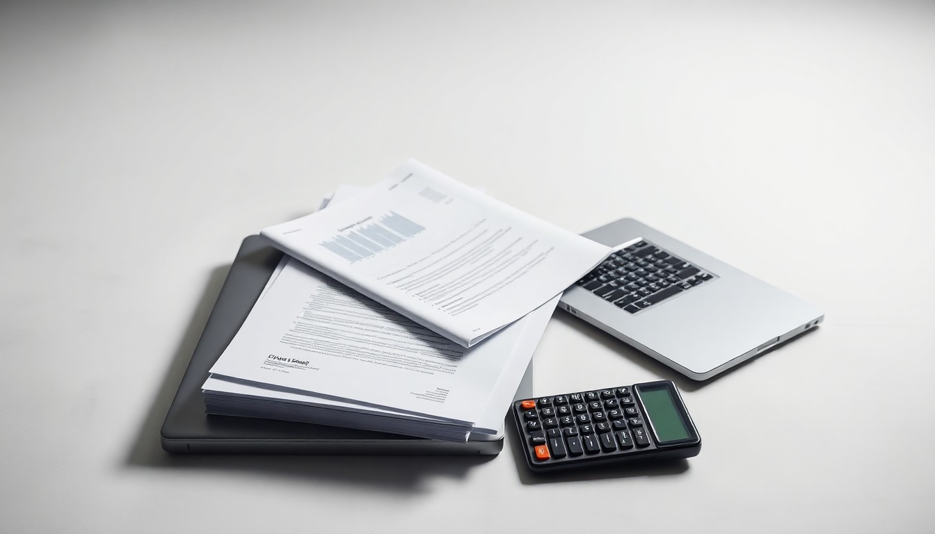 A photorealistic studio still life featuring a stack of financial documents, a laptop, and a calculator arranged elegantly on a clean white background, conceptually representing the abstract corporate strategy and finance issues at the heart of the Vital Farms lawsuit.