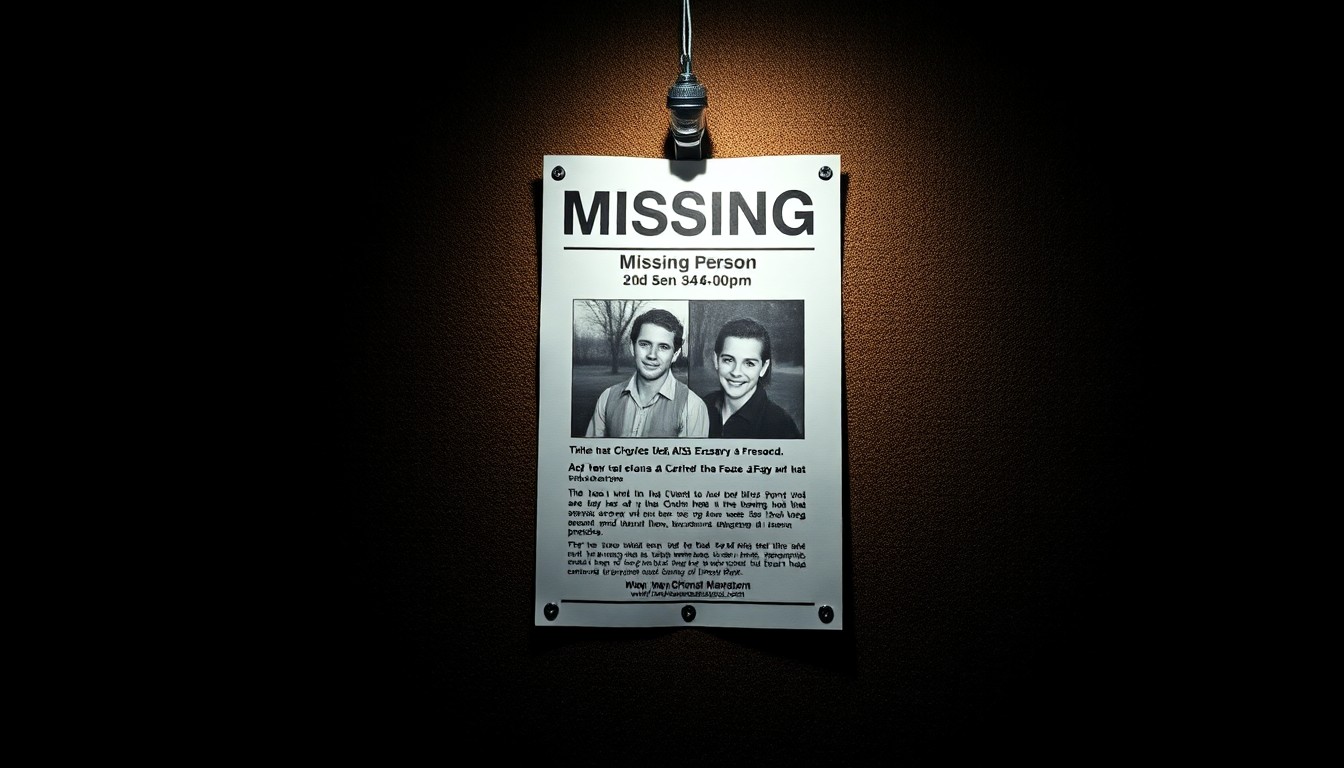 An extreme close-up photograph of a missing person flyer pinned to a corkboard, the harsh lighting and dark background creating a gritty, serious mood.