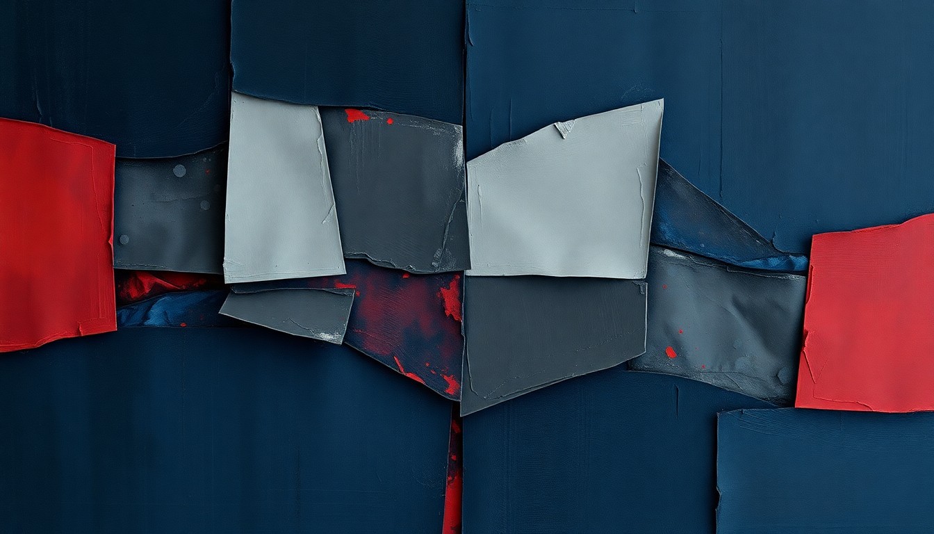 A fractured, abstract painting in dark blue, grey, and muted red tones, depicting an overlapping, geometric representation of a non-literal political symbol, conveying a sense of legal and political uncertainty.