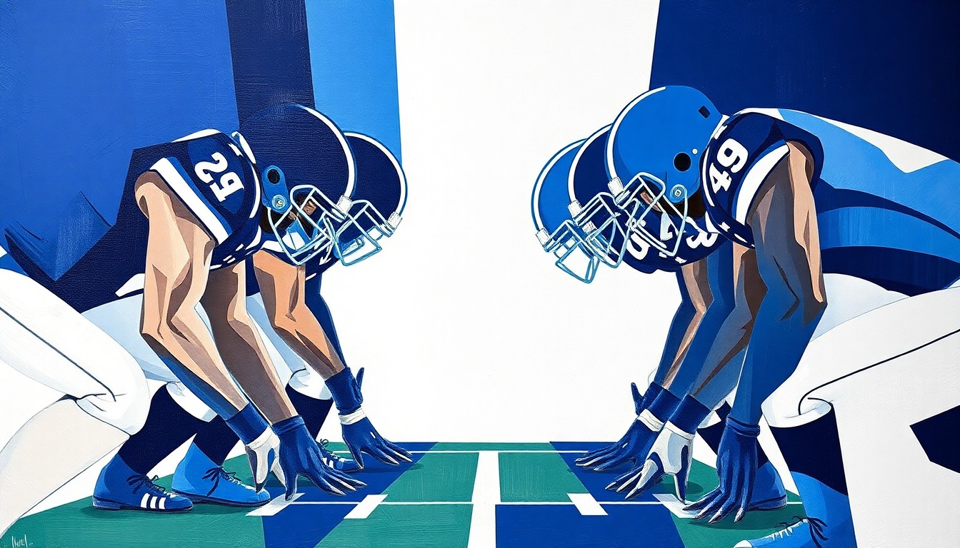 A cubist, geometric painting depicting the fragmented elements of a football offensive line, with sharp planes of navy, royal blue, and white representing the complex challenge of replacing a key starter.