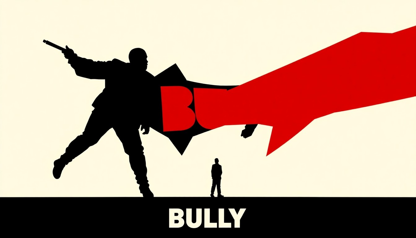 A bold, abstract composition of jagged black silhouettes and geometric shapes in high-contrast red and white, conceptually representing the themes of Kanye West's new album 'BULLY'.