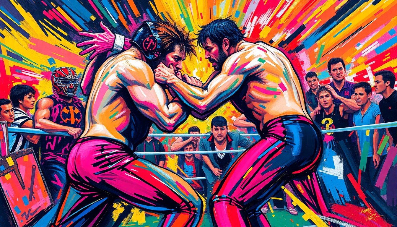 An abstract, expressionist painting featuring dynamic, neon-colored brushstrokes that capture the raw intensity and movement of professional wrestling, with no discernible figures or identities.