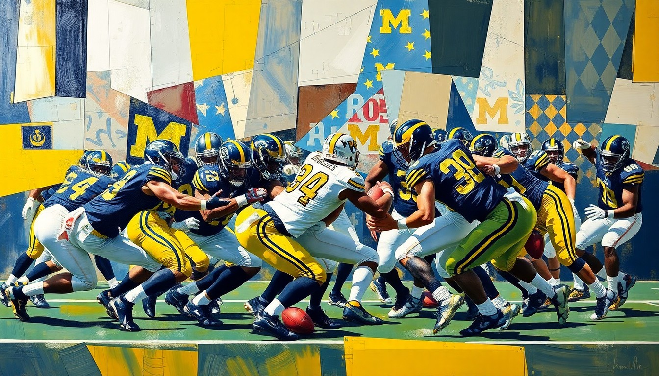 A fractured, multi-perspective painting in a cubist style, breaking down a football defensive play into sharp, overlapping geometric planes in shades of blue, maize, and green.