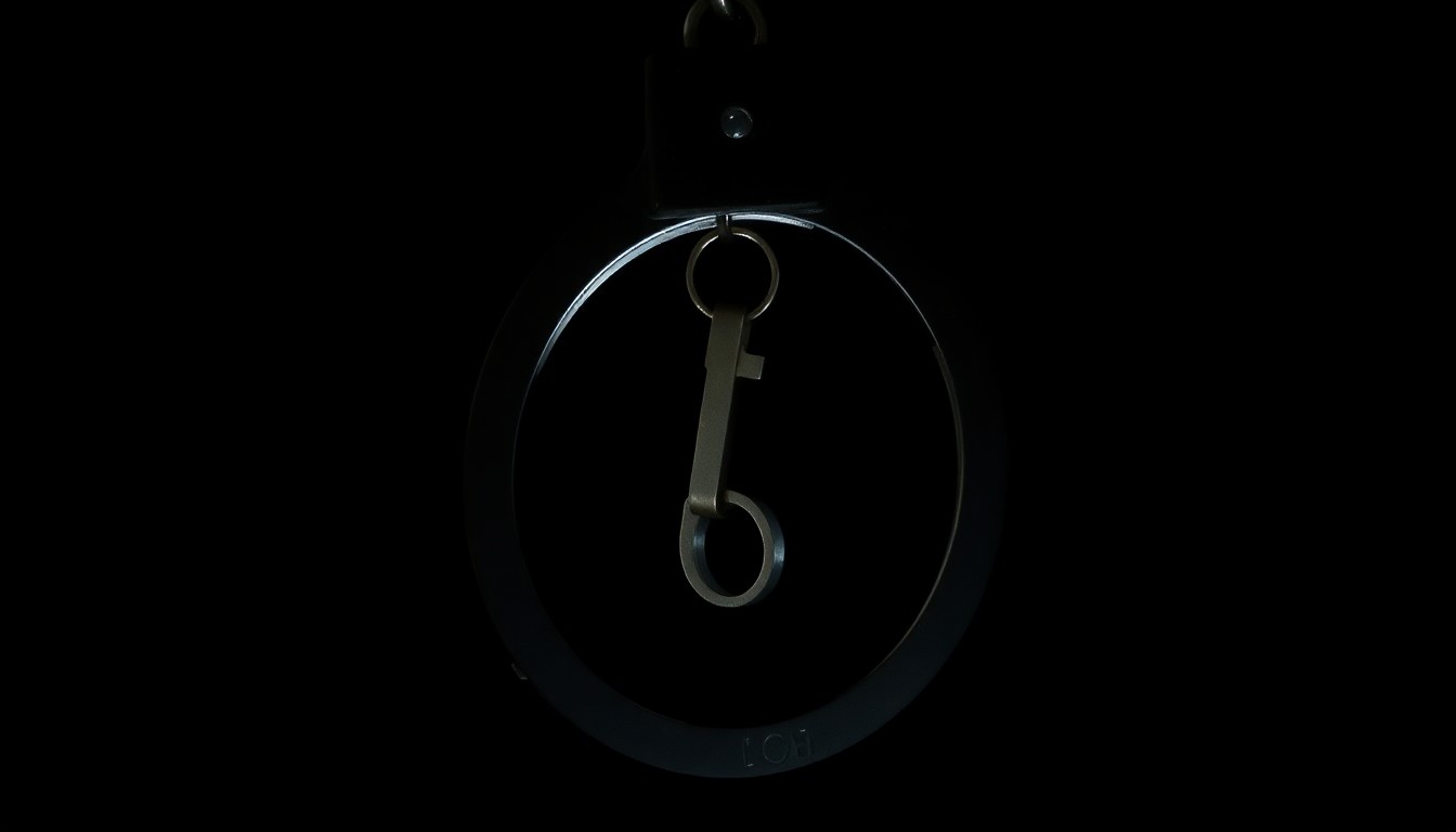 An extreme close-up photograph of a handcuff key against a pitch-black background, lit by a harsh, direct camera flash, conceptually representing the criminal justice system and public safety concerns.