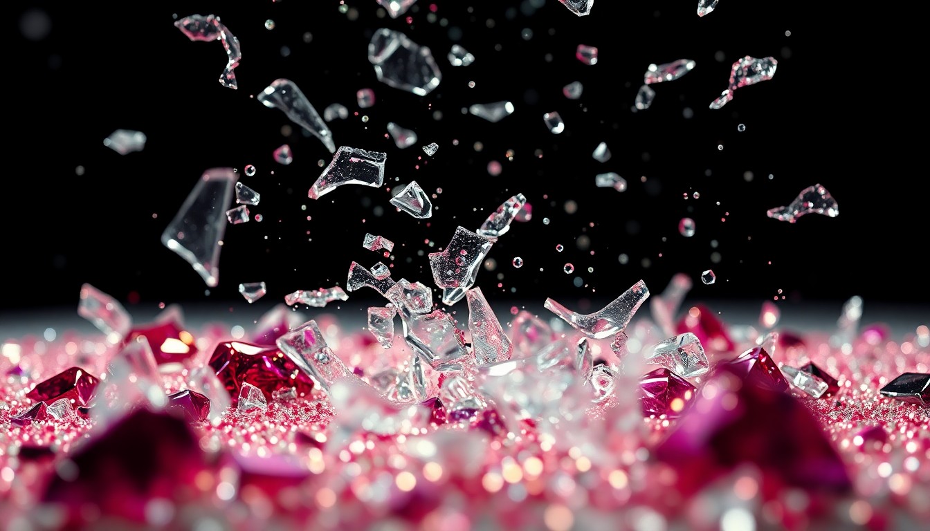 An abstract close-up image of shattered glass and glittering sequins, capturing the glamour and chaos of reality TV through dramatic lighting and texture.