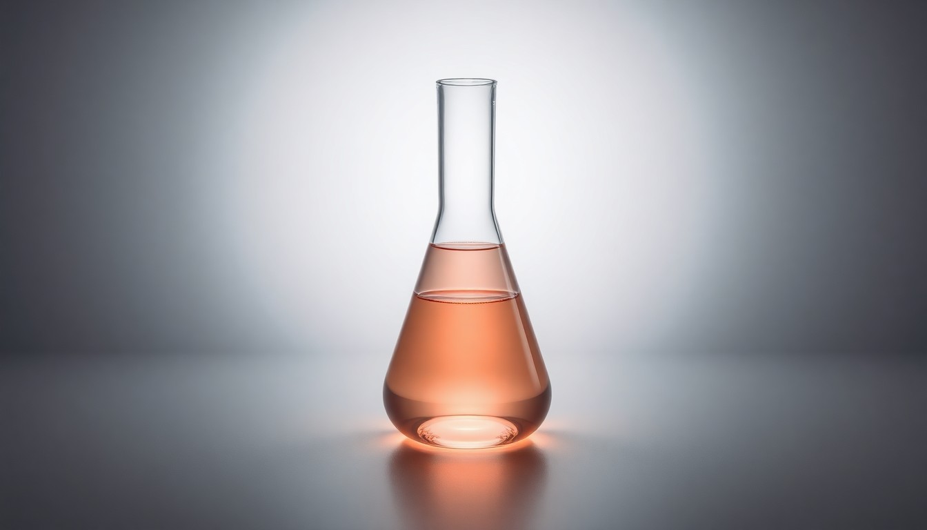 A photorealistic studio still life featuring a polished glass beaker filled with a glowing liquid, symbolizing the scientific research and innovation behind Eikon Therapeutics' cancer drug development.