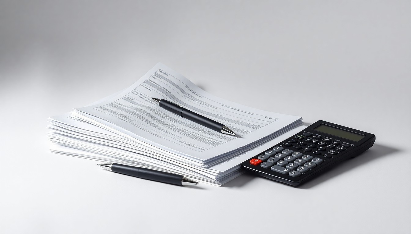 A photorealistic studio still life featuring a stack of financial reports, a pen, and a calculator arranged on a clean, monochromatic background, conceptually representing the abstract challenges of corporate finance and market instability.